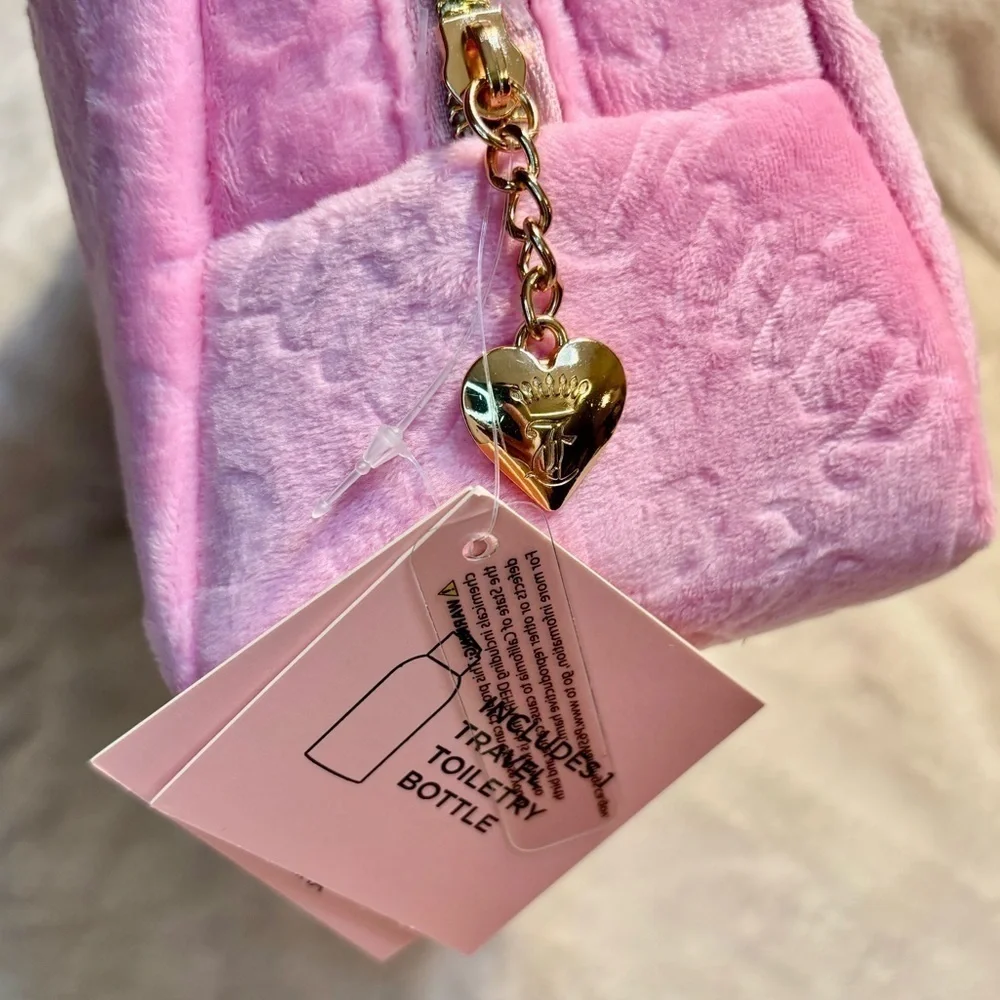 NWT Juicy Couture Travel Cosmetic Bag Pale Pink Velour Large w/travel bottle